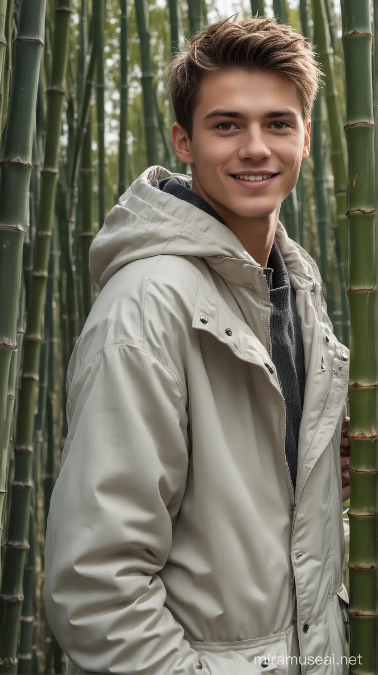 Handsome Man in Winter Jacket Smiling Amidst Bamboo Landscape