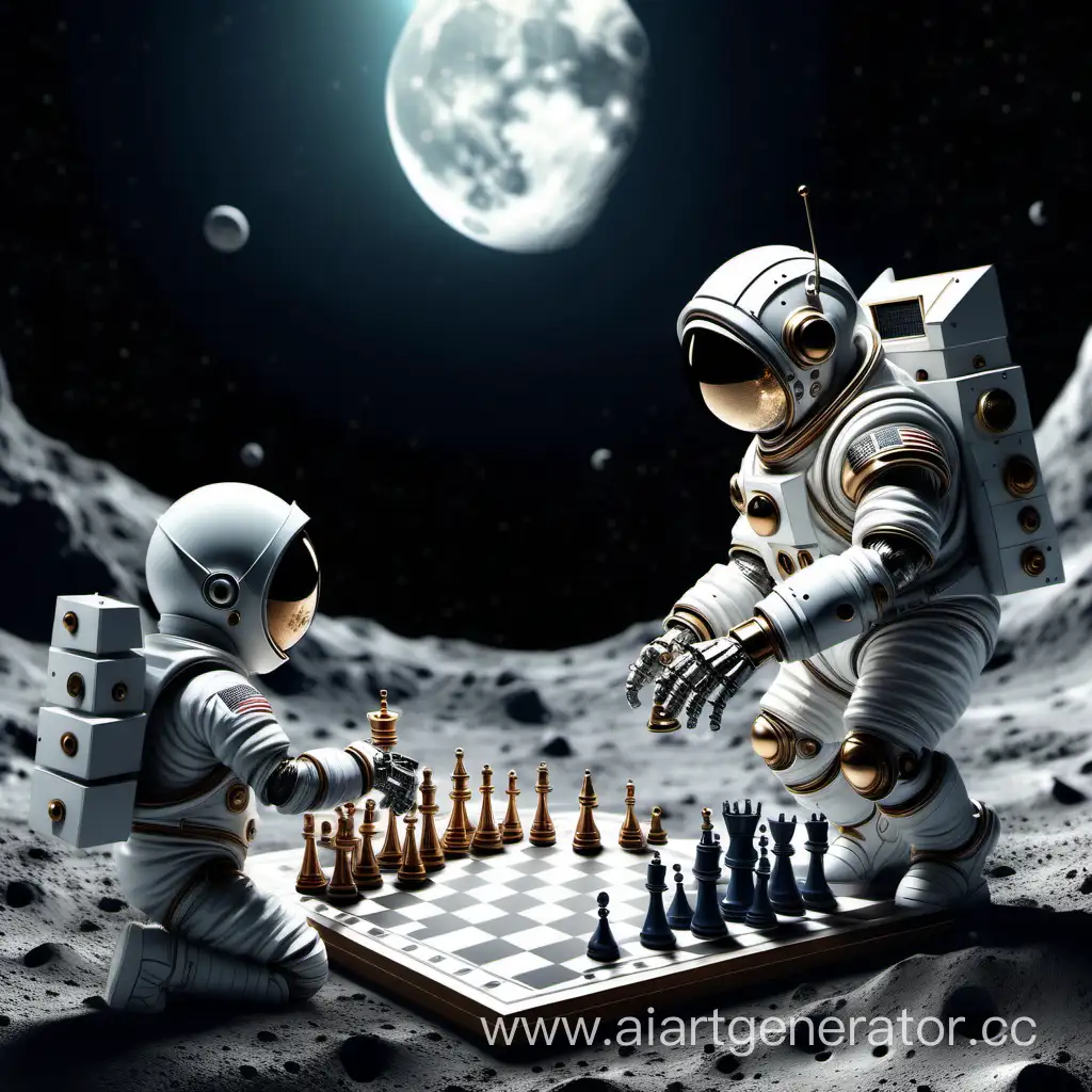 "A realistic 3D image, a cute astronaut boy is playing chess against the strong robot on the moon."