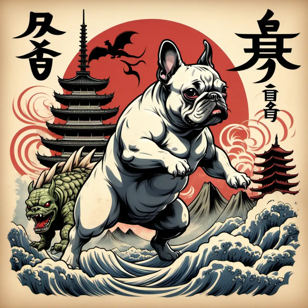 A French Bulldog battling Godzilla in the style of an ancient japanese motif with Japanese writing