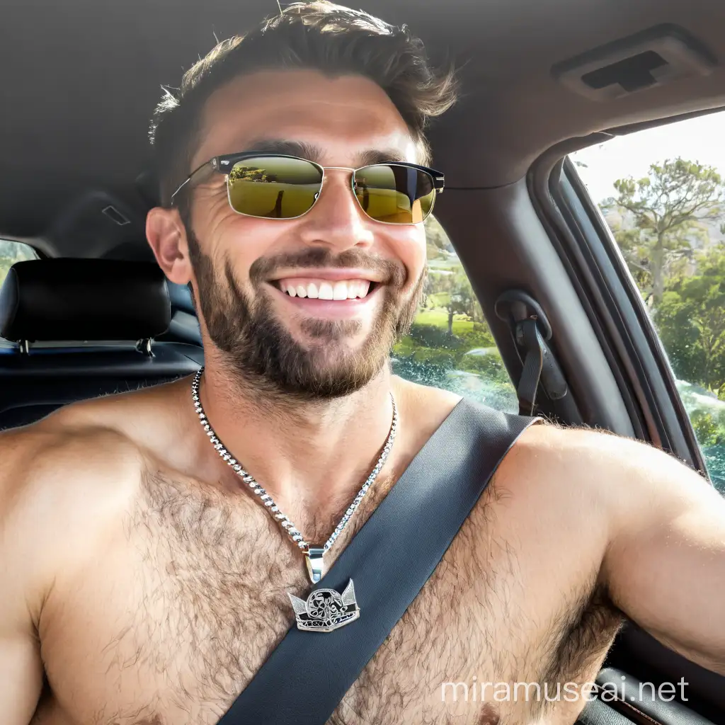 shirtless handsome man smiling smiling hairy chest necklace jeans boots short hair sunglasses
