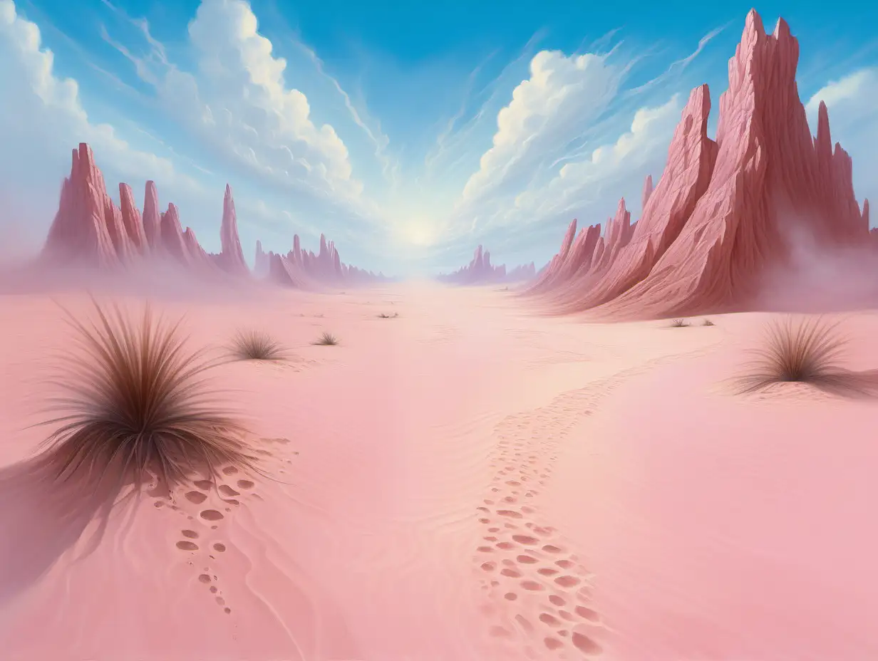 pale pink sand desert, blue sky, fantasy painting, MtG art