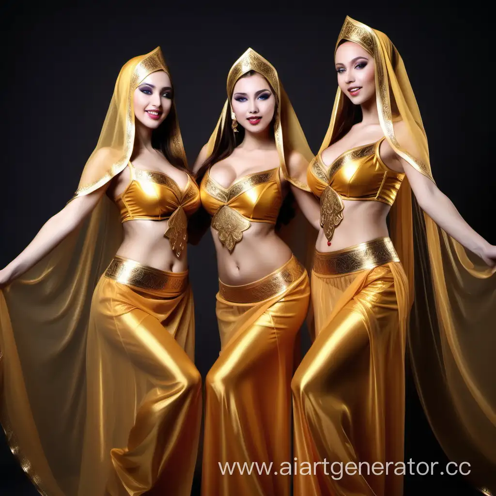 Девушки в восточном костюме танцуют с золотыми веелами грудастые