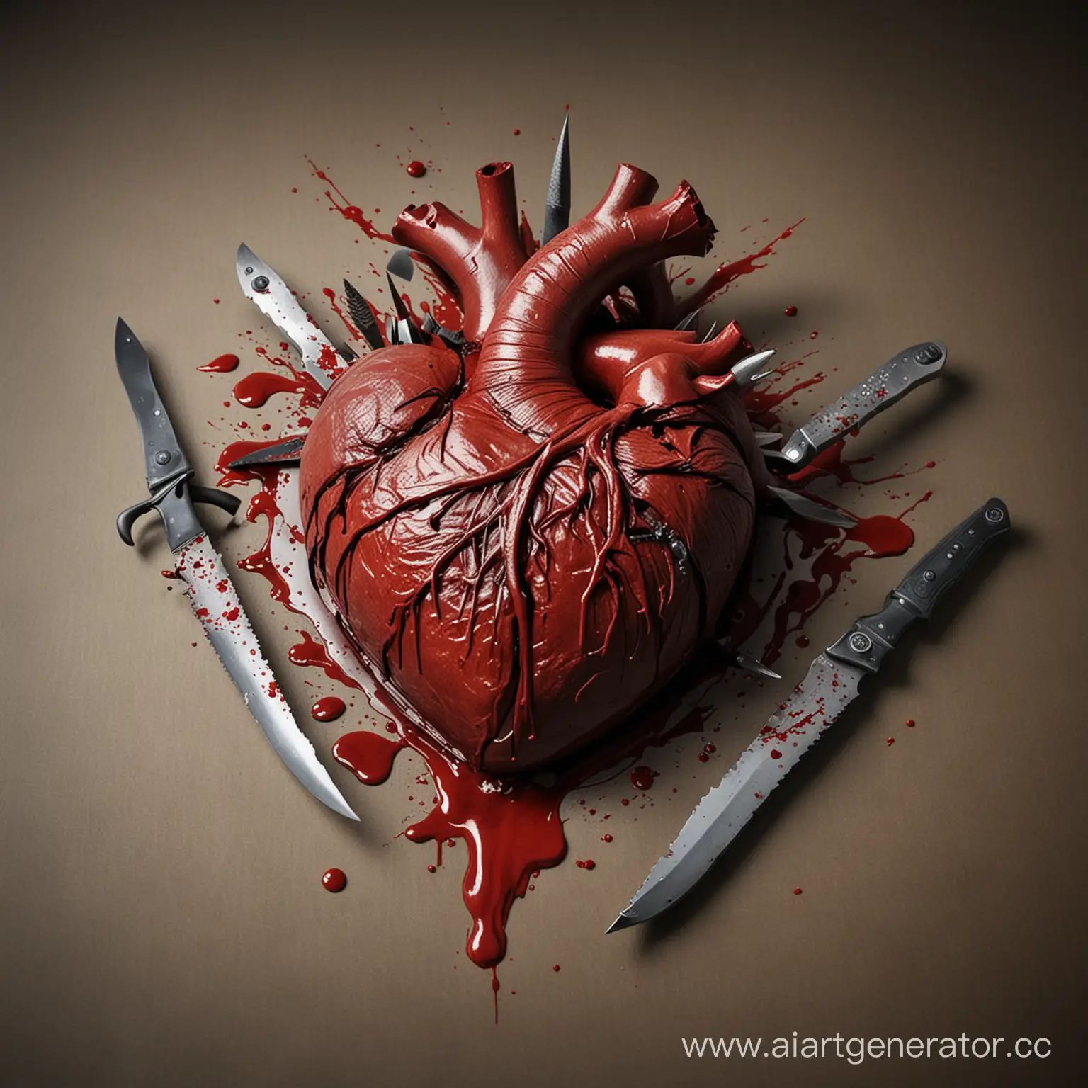 Сгенерируй кровавое человеческое сердце, проткнутое тремя ножами.