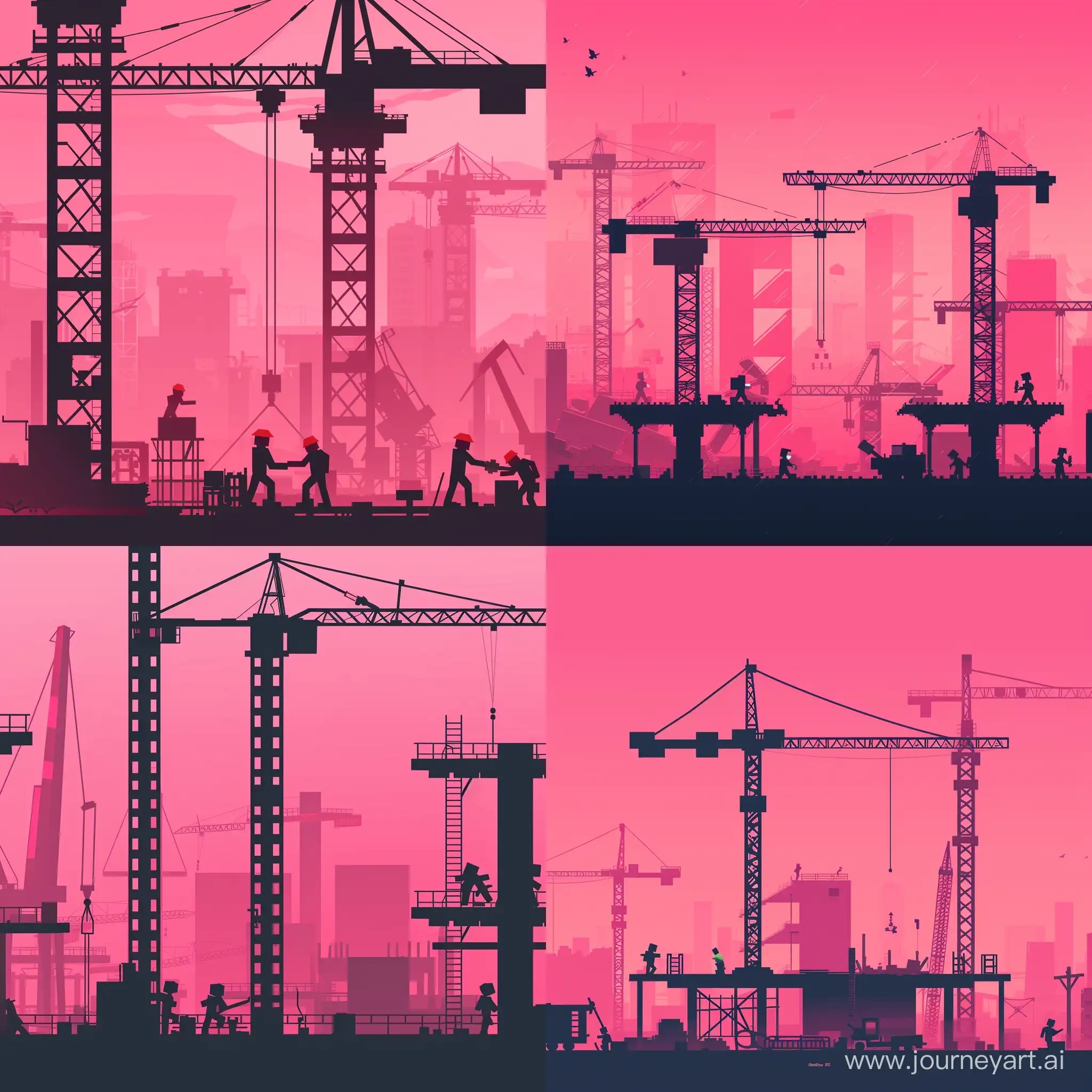 Minecraft-Logo-Construction-Site-with-Black-Cranes-and-Pink-Gradient-Background