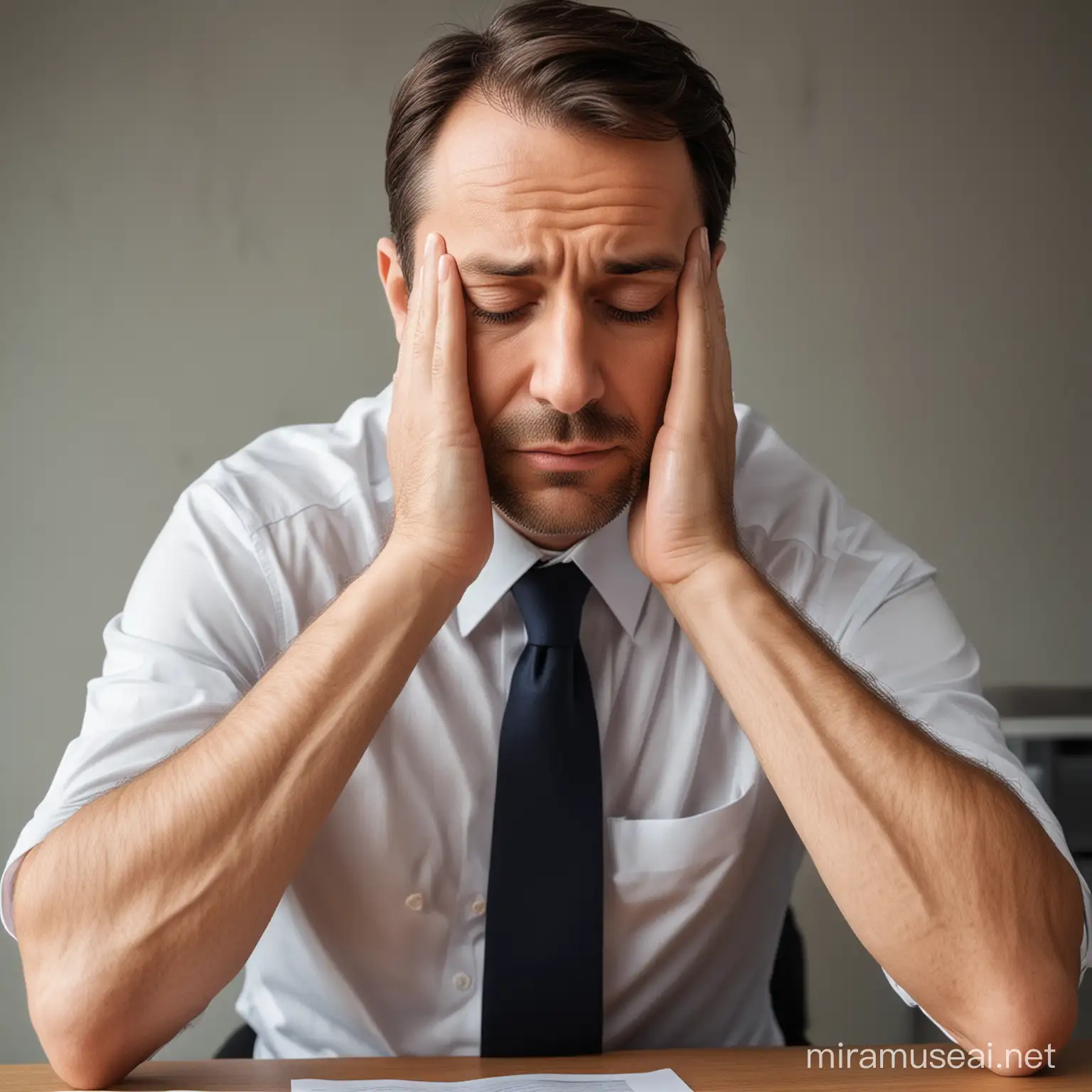 Create a realistic image of a man around 40 years old, looking worried and stressed. He should be in a simple office setting, rubbing his forehead in a gesture of concern and stress. The photo should be taken from a distance and from the side, ensuring that the man's face is not identifiable, focusing on the body language and the environment to convey the emotional state. Emphasize the atmosphere of the office, suggesting a context that contributes to his worry and stress