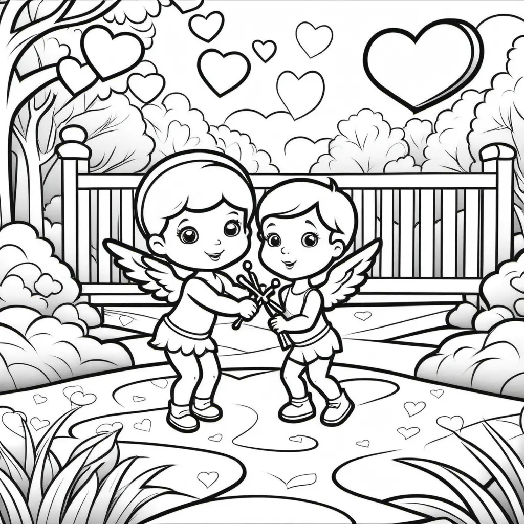/imagine coloring pages for kids, loving valentine’s day scene with hearts and cupid at a park, cartoon style, thick lines, low detail, black and white - - ar 85:110