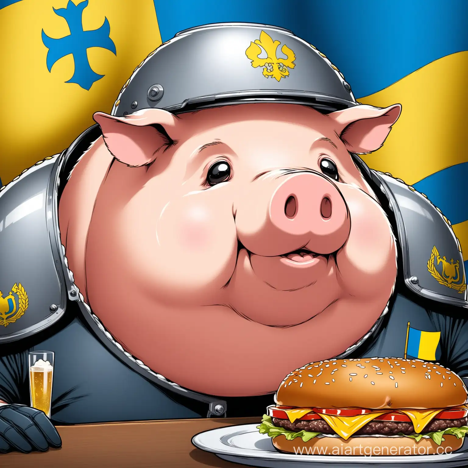 Hungry-Pig-Eating-Burger-in-Front-of-Ukrainian-Flag