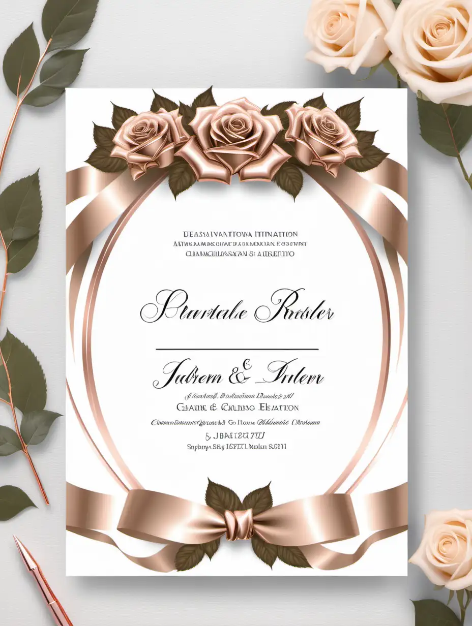 Elegant Wedding Invitation with Rose Gold Ribbon and Champagne Roses