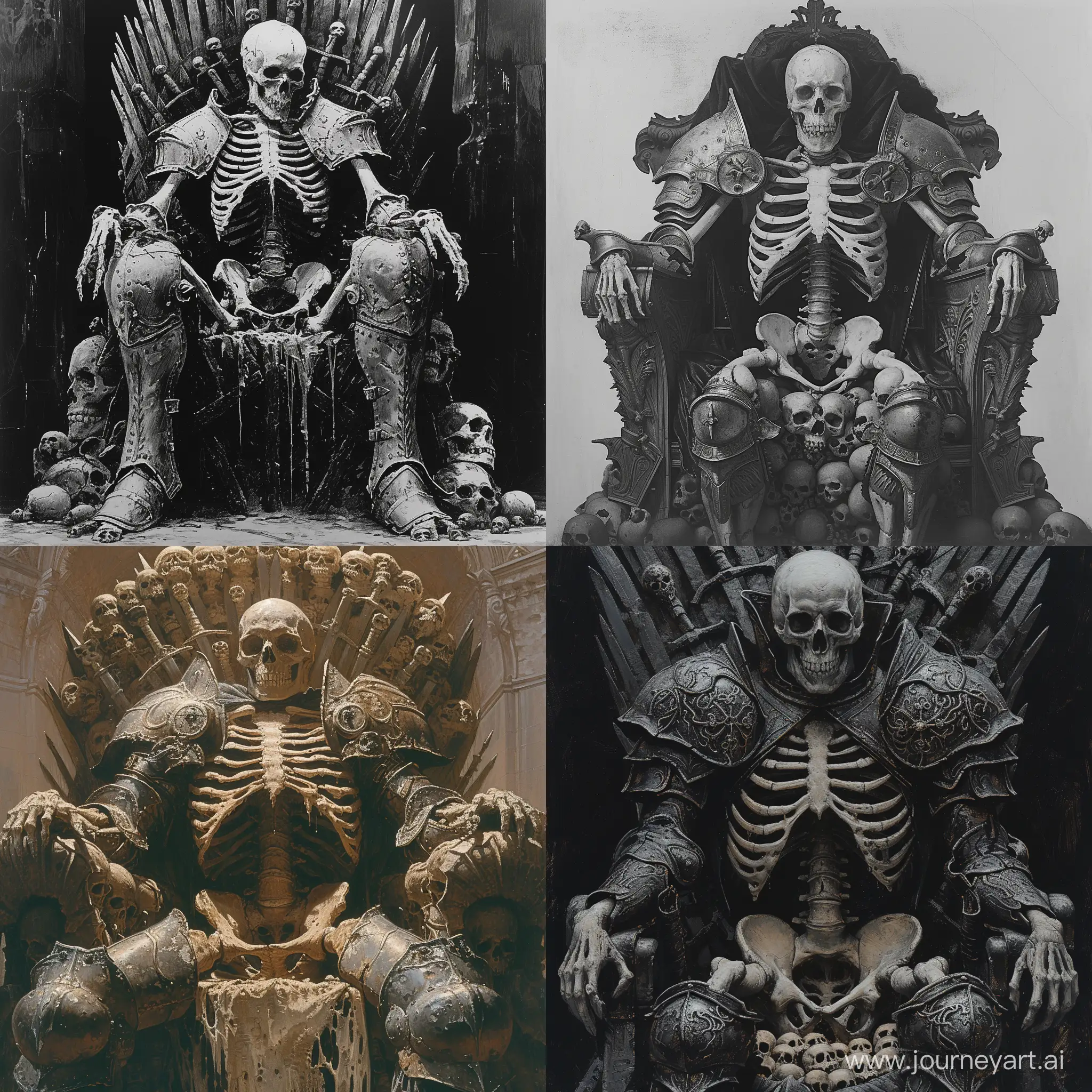 Huge, enormous, Skeleton king, sitting on a throne with armour, his ribcage is showing, his throne is made of skulls.