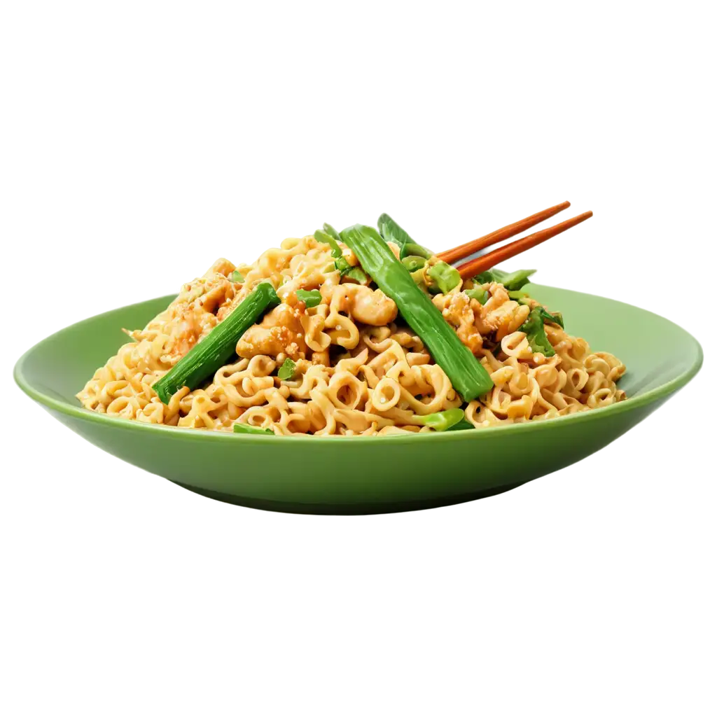 tall green plate with noodles and chicken pieces