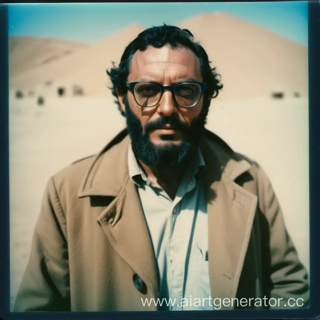 Polaroid photo, coat, Glasses, black beard, adult man, white skin, blue eyes, Archaeologist in Egypt