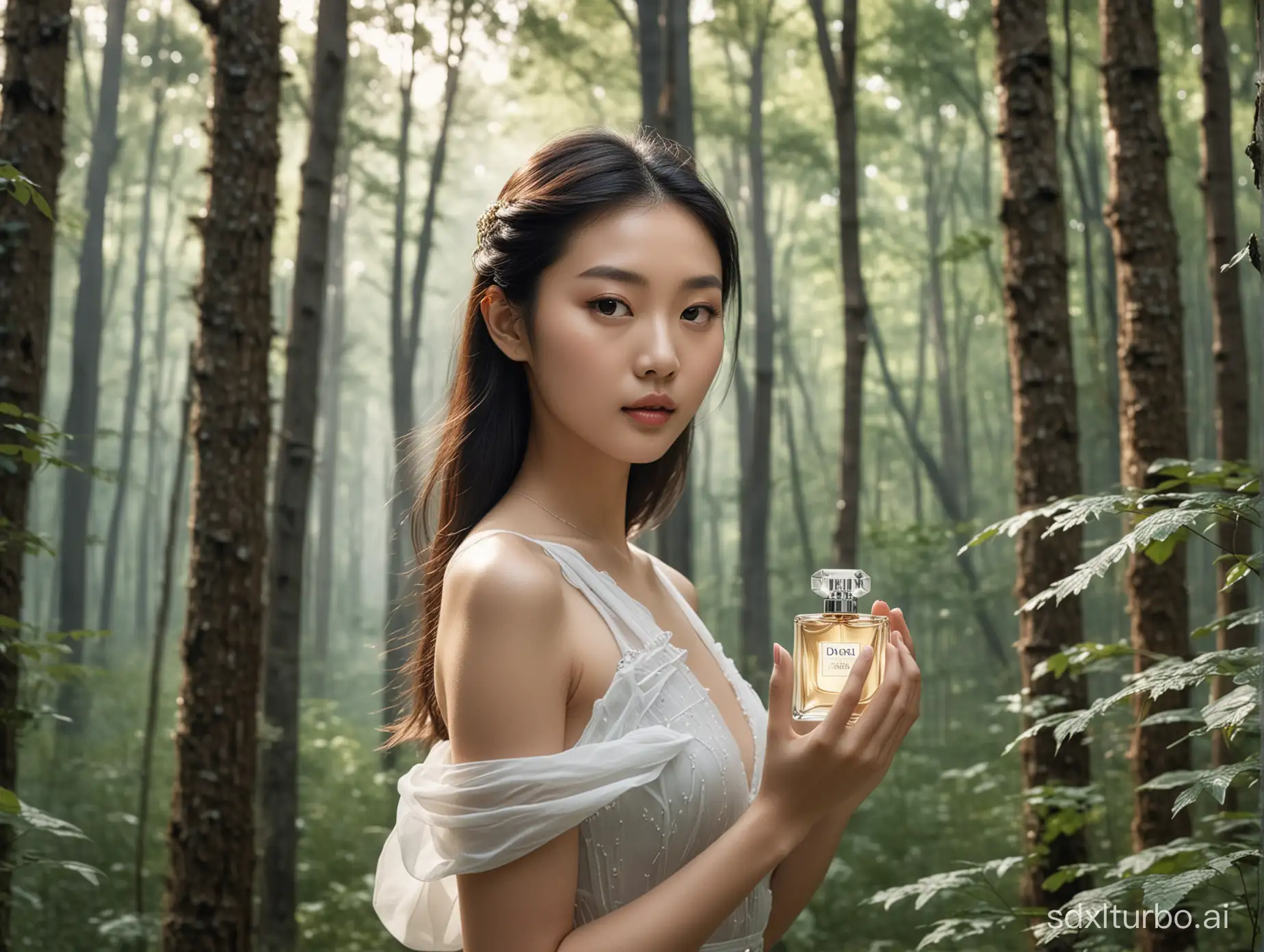 Graceful-Chinese-Girl-with-Dior-Perfume-in-Enchanted-Forest