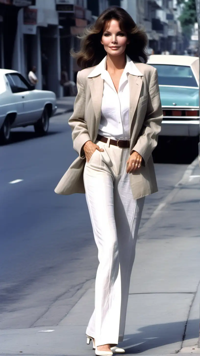 young Jaclyn Smith 1,66m, long dark brown , long off-white linen open suit jacket white polyester shirt blouse and off-white linen pants and white pumps in very brightly street at afternoon