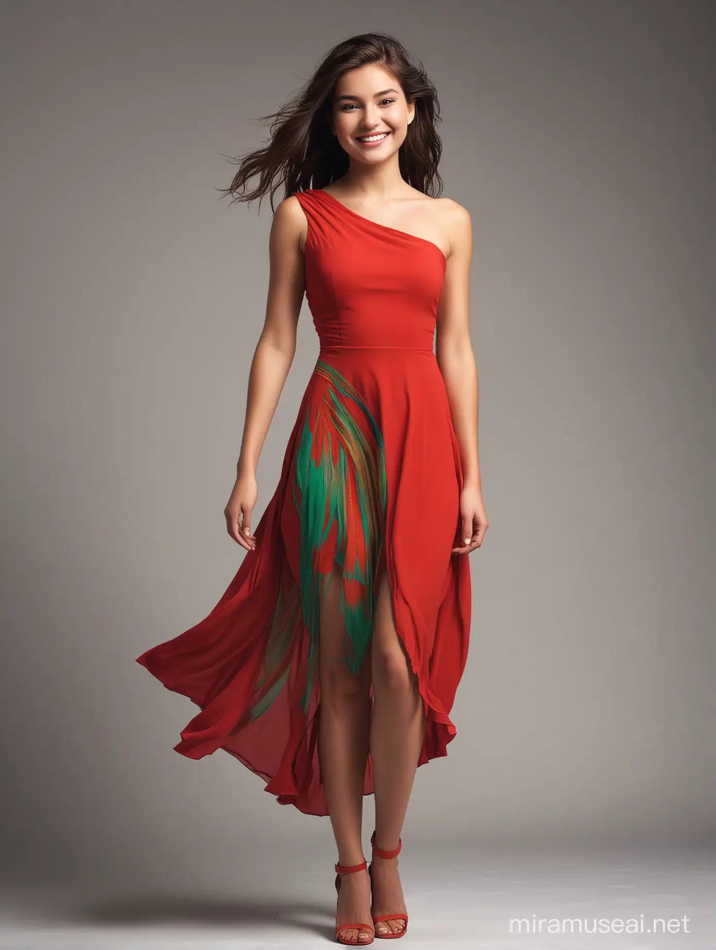 Color photo of a stunning young girl, visible from the waist up, confidently standing on a fashion runway, wearing a stunning and modern red dress, against a simple and isolated background. The girl’s radiant smile and confident looks reflect her inner beauty and strong personality. Her hair flows elegantly, adding to her natural allure. The green dress she wears reflects her modern style, with its vibrant color exuding energy and elegance. The girl has a beautiful perfect body that adds to her allure.

The isolated background highlights the girl’s presence, allowing her to be in the spotlight and captivate viewers with her beauty and elegance. This composition celebrates the girl’s unique beauty, showcasing her grace, confidence, and natural fashion sense. It serves as a reminder that individuality and self-expression are key elements of true beauty. The vibrant red color adds a touch of excitement, symbolizing youth and a zest for life.