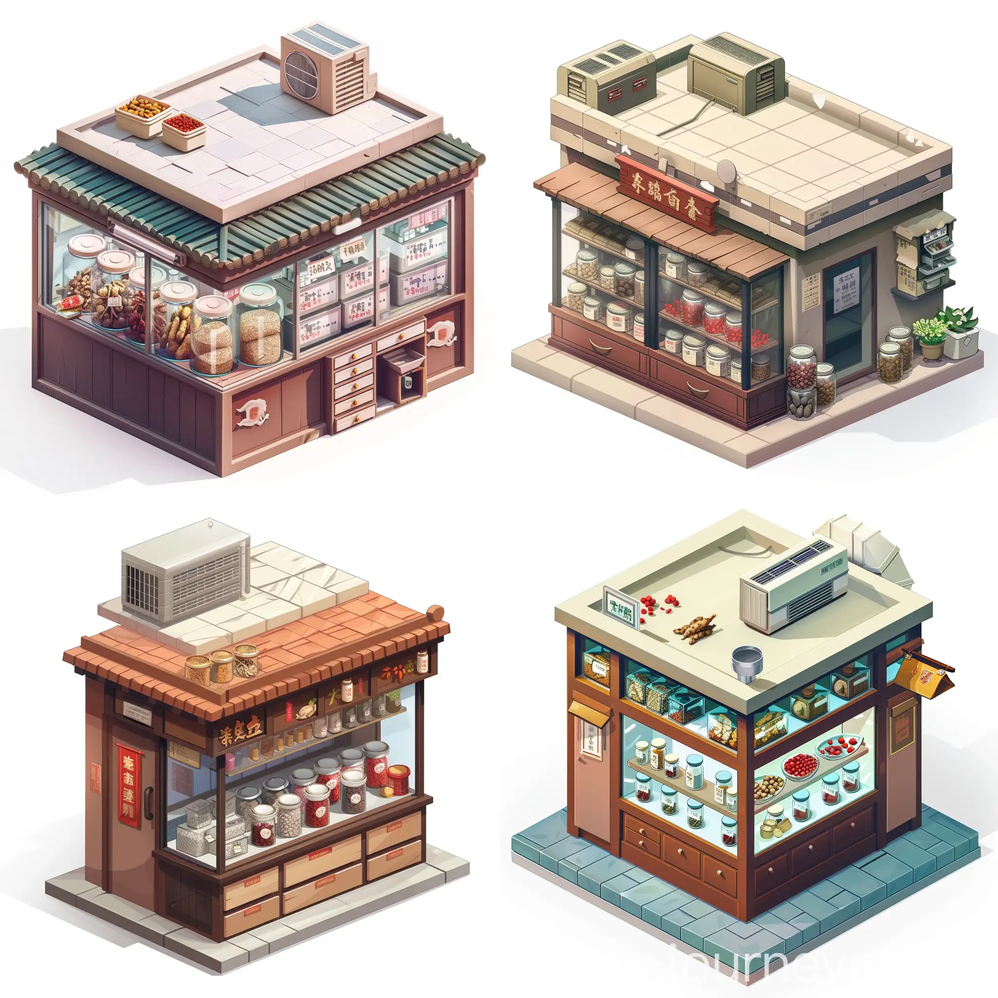 A small, exterior, store front, Chinese medicine shop in Hong Kong, Jars filled with ingredients commonly used like ginseng and goji berries are visible, drawers with labelling are visible behind the counter. Cartoon, 3d, isometric in 30 degrees, game style on blank background. The roof top should have air conditioner system. The model should be appropriate with a cube shape, quality in 4k