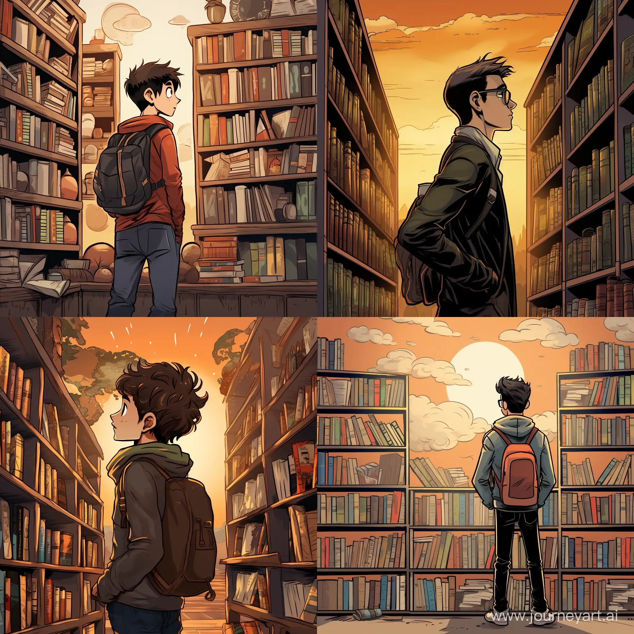 student looking on a shelf full of books in library comic style