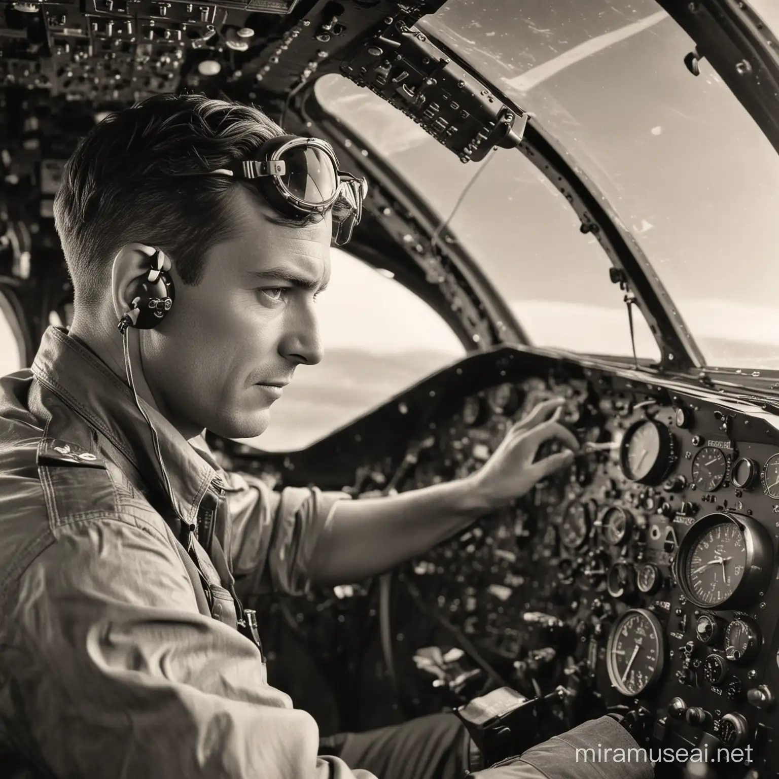 A photo of an 1940's airplane pilot, sitting in the cockpit of his aircraft, looking at his navigation radar, and where you can see all the controls and dials. Pay particular attention to the face, making sure it is distinct from the controls.