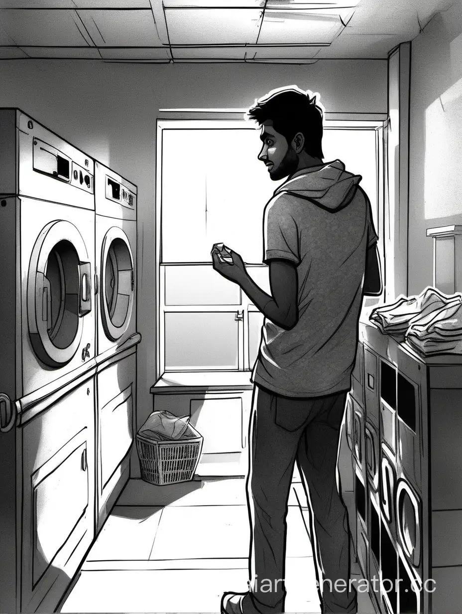 Black and white line Storyboard images of a young South Asian man, confused and lost, stands amidst washing machines and detergent boxes in a brightly lit hostel laundry room. Sunlight streams through a window, highlighting the colorful clothes in laundry baskets. In a corner, a video call shows a smiling South Asian woman offering guidance.