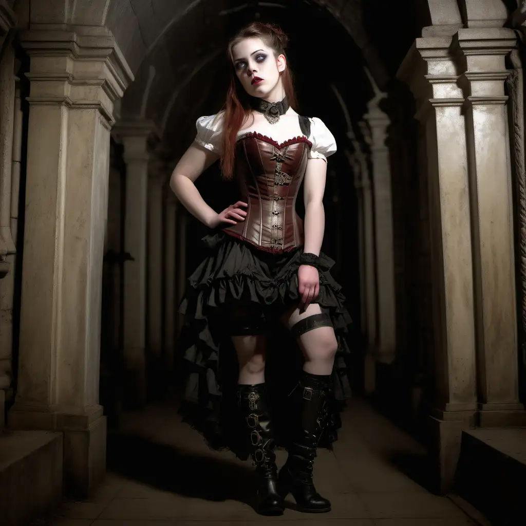 Victorian Steampunk Vampire Poses in Crypt with Corset and Boots