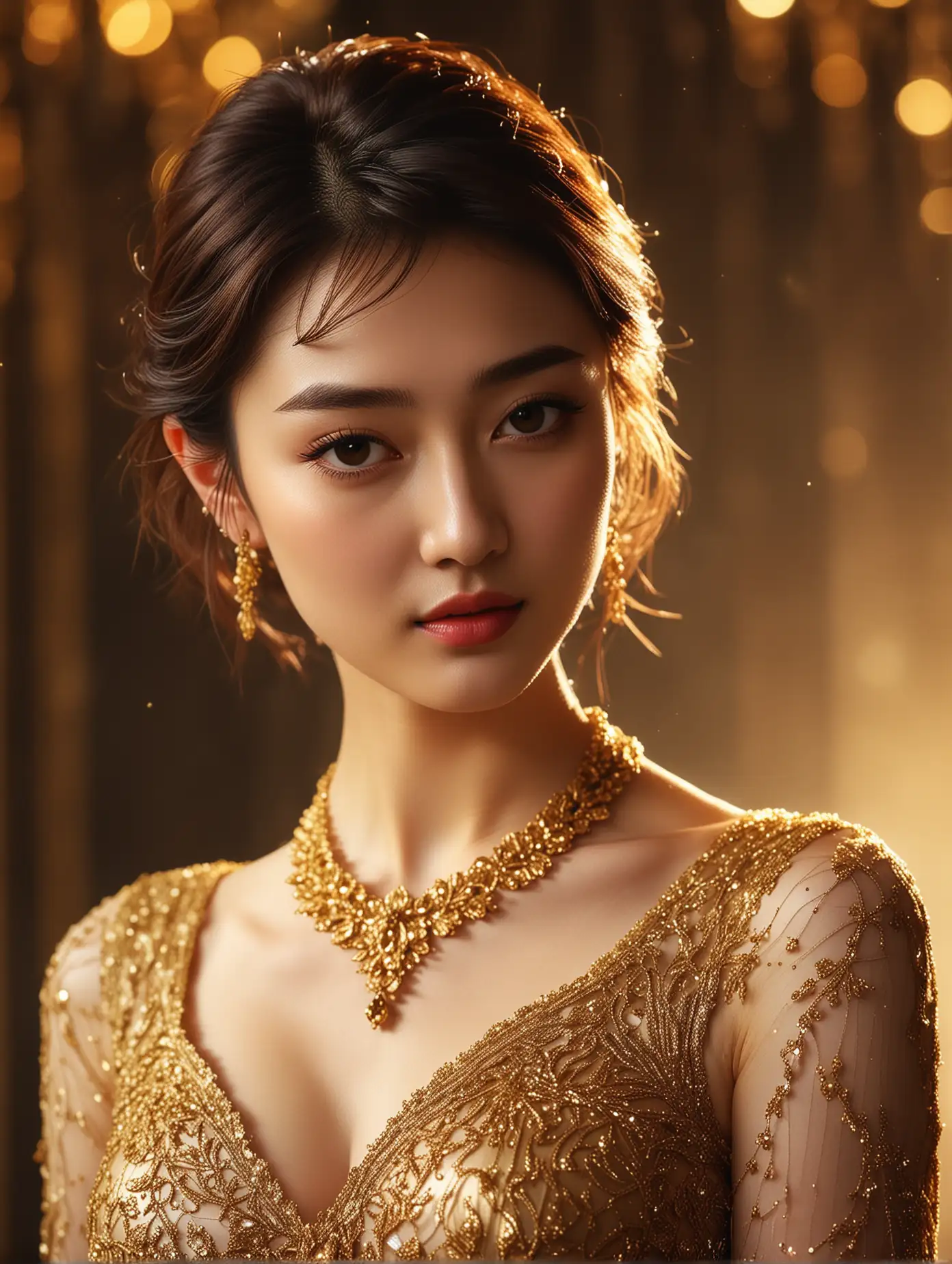 Jing Tian in Majestic Gold Lace Dress under Cinematic Lights