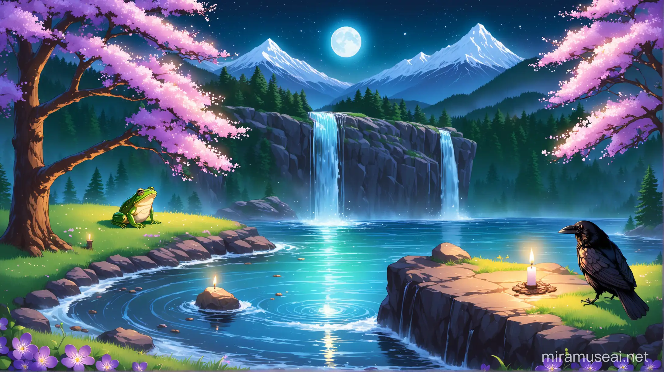 Moonlit Pond Scene with Frog Leap and Crow Perch Amidst Waterfall and Cherry Blossoms