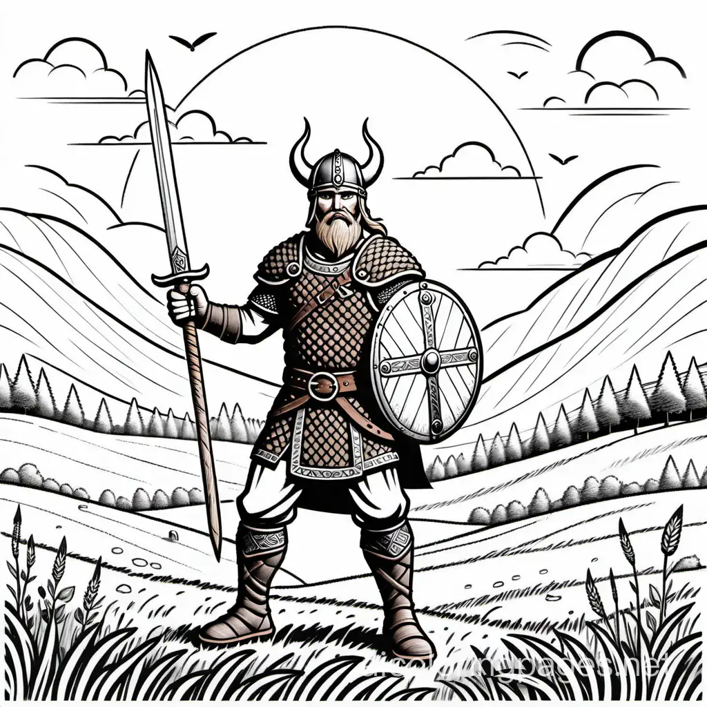 A Viking warrior training with a wooden sword in a peaceful meadow, Coloring Page, black and white, line art, white background, Simplicity, Ample White Space. The background of the coloring page is plain white to make it easy for young children to color within the lines. The outlines of all the subjects are easy to distinguish, making it simple for kids to color without too much difficulty