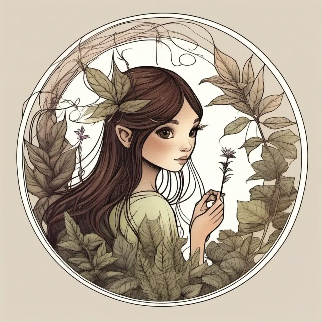 рисунок девушка фея с прямыми тёмно-коричневыми волосами , вокруг растения, сказочная композиция в круге
