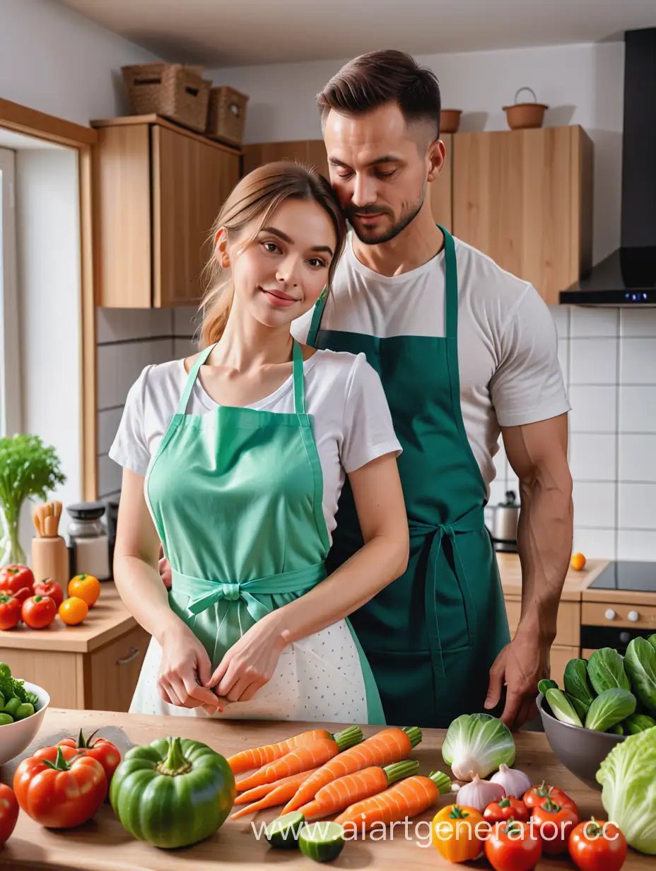 женщина в фартуке стоит у стола на кухне, ее обнимает мужчина за плечи и рядом лежат овощи и рыба