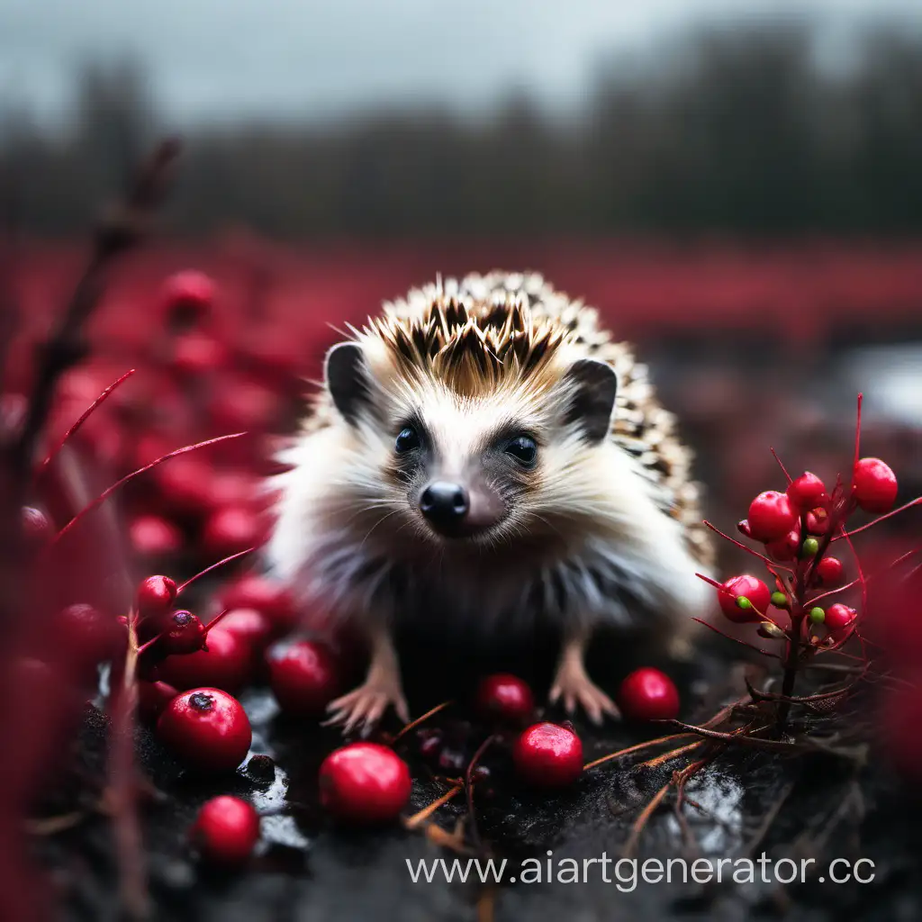 Solitary-Hedgehog-by-the-Bog-in-Gloomy-Weather-with-Cranberry