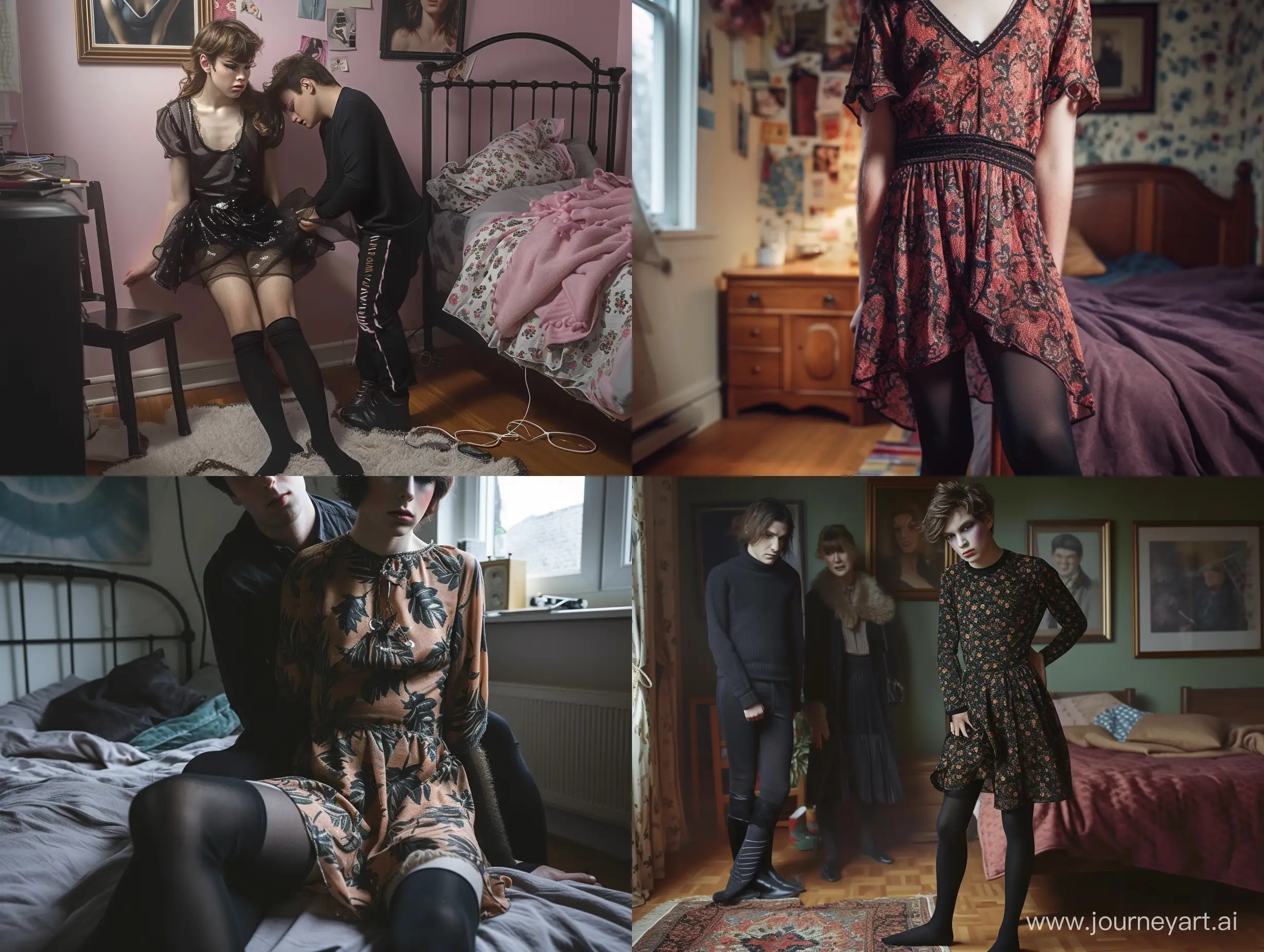 transgender boy,  parents caught their son in his mum’s clothes, dress and tights, little makeup, cozy dress and black tights, son transgender  , in bedroom,  angry parents, son in his mum’s clothes, photo, realistic