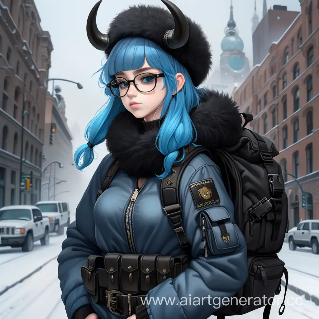 девушка с синими волосами, чёрной ушанкой с чёрными большими рогами, тёмно-серый меховой воротник на шее, чёрный военный пояс, лямки на талии, чёрный рюкзак, чёрные очки, чёрный воротник на шее