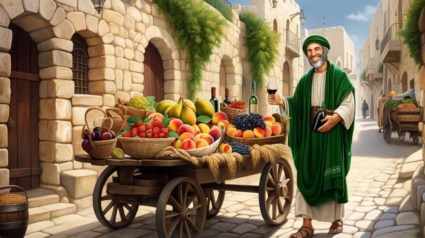 epoque biblique, un hébreux souriant, foulard vert émeraude sur la tête, un grand chariot contenant des fruits, pèches, fraises, prunes, céréales, blé, de grandes bouteilles d'huile d'olive en verre, de grandes bouteilles de vin rouge. Dans le fond une rue de Jerusalem, ambiance magique