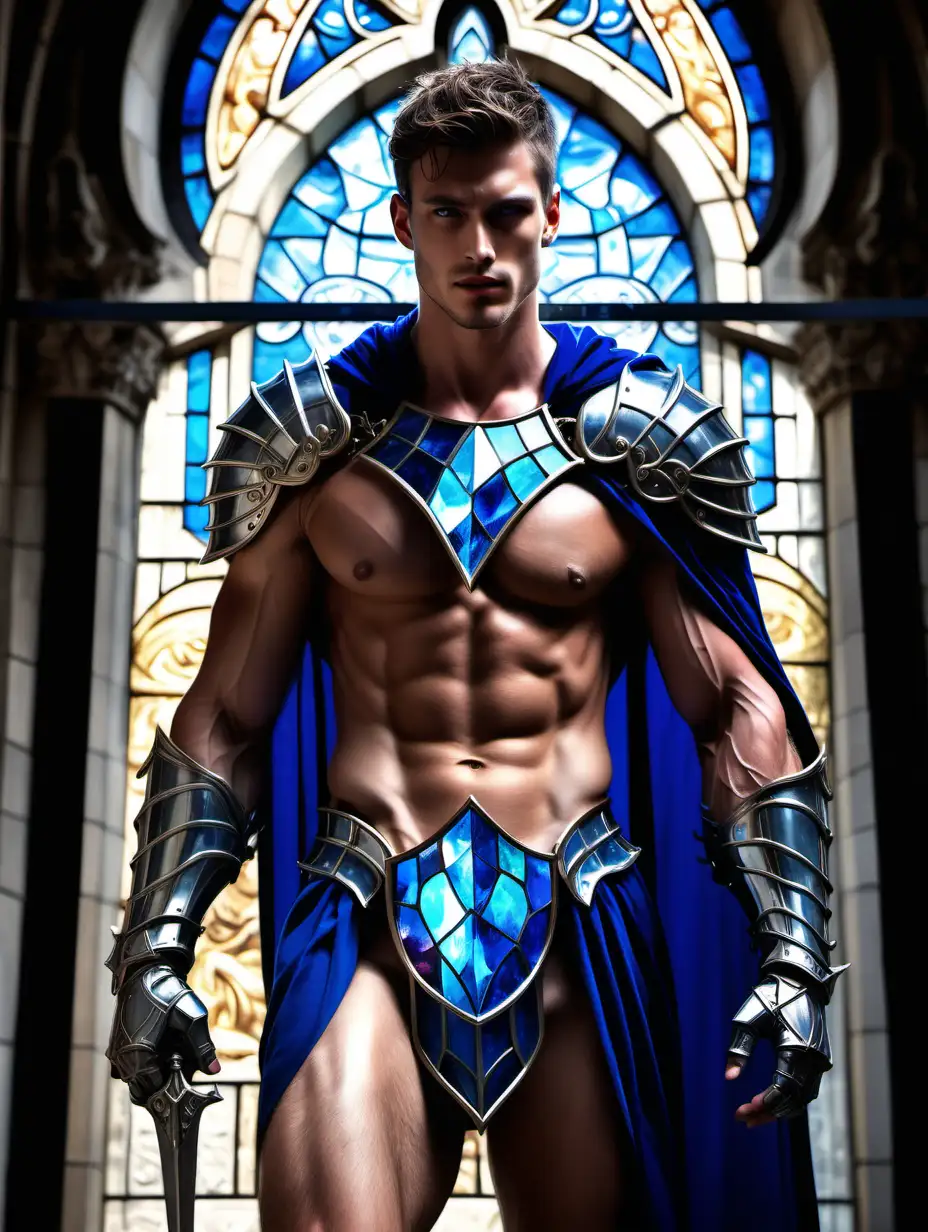 Handsome long wavy hair blue eyes male knight tall muscular short hair necklace with blue crystal stubbles hairy shirtless show chest show abs show legs gauntlets leg armor cape very sweaty oiled up trident shells stained glass palace daylight sun powered
