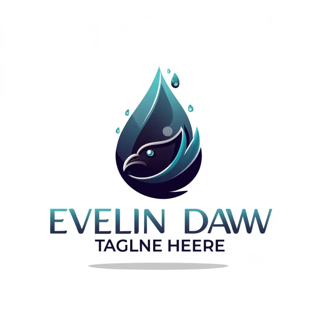 a logo design,with the text 'Eveline Daw', main symbol:feathery crow head inside water droplet, cold colors, ink brush stroke lines,Moderate,be used in Entertainment industry,clear background