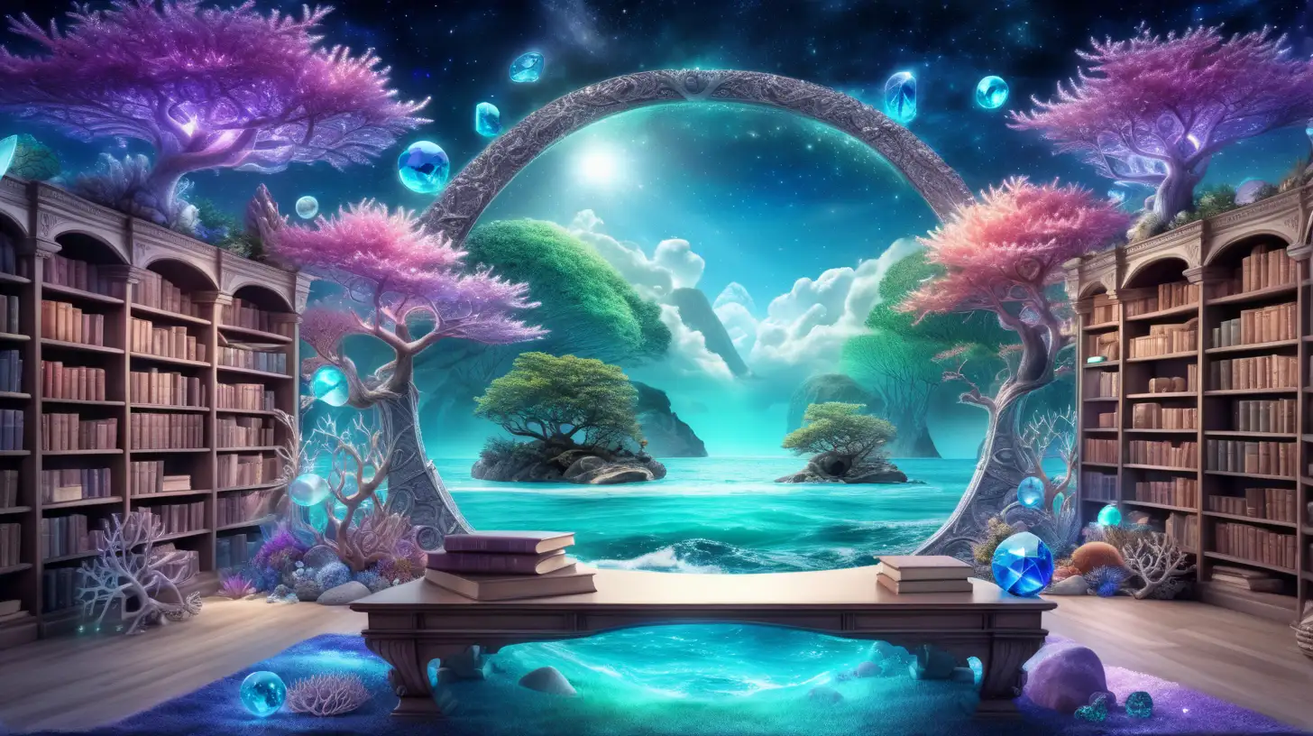 magical forest surrounding an ocean and sky and clouds and bookshelf and white, blue, and neon purple with gemstone portal to other world and gemstone flowers and glowing, glimmers fantastical glowing trees and crystals and pearls with corals and bookshelf of books