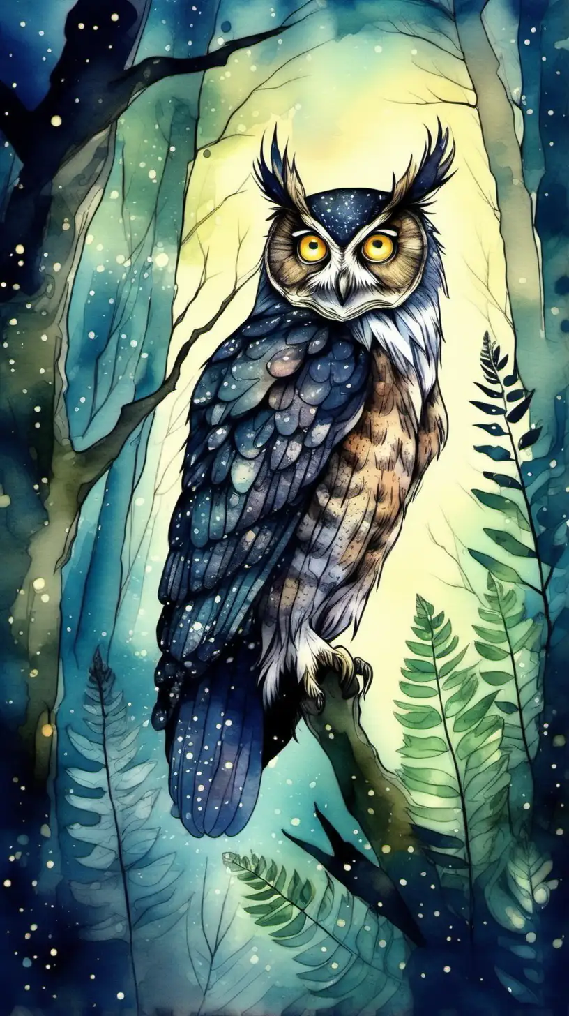 In the deep, mystical woods, where the wild ferns grow,
Lived an owl, wise and old, with a luminous glow.
His feathers were speckled with shades of the night,
And his eyes, oh so bright, were a marvelous sight. Create an image in watercolor style