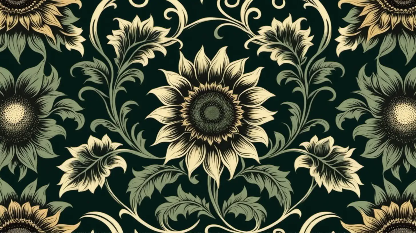 Elegant Dark Green European Floral Pattern Sunflower Art