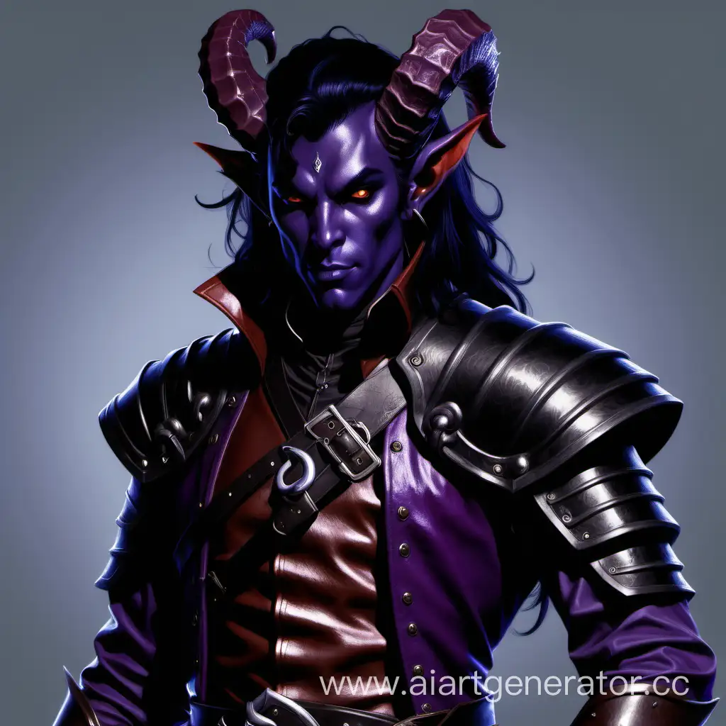 Dark-Purple-Tiefling-Rogue-in-Leather-Armor-with-Gray-Eyes