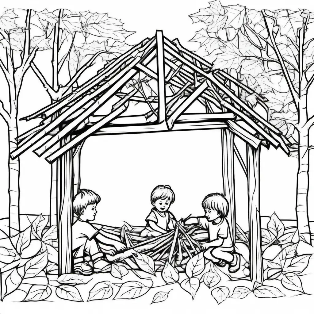 Building a Shelter: Building a shelter from branches and leaves., Coloring Page, black and white, line art, white background, Simplicity, Ample White Space. The background of the coloring page is plain white to make it easy for young children to color within the lines. The outlines of all the subjects are easy to distinguish, making it simple for kids to color without too much difficulty