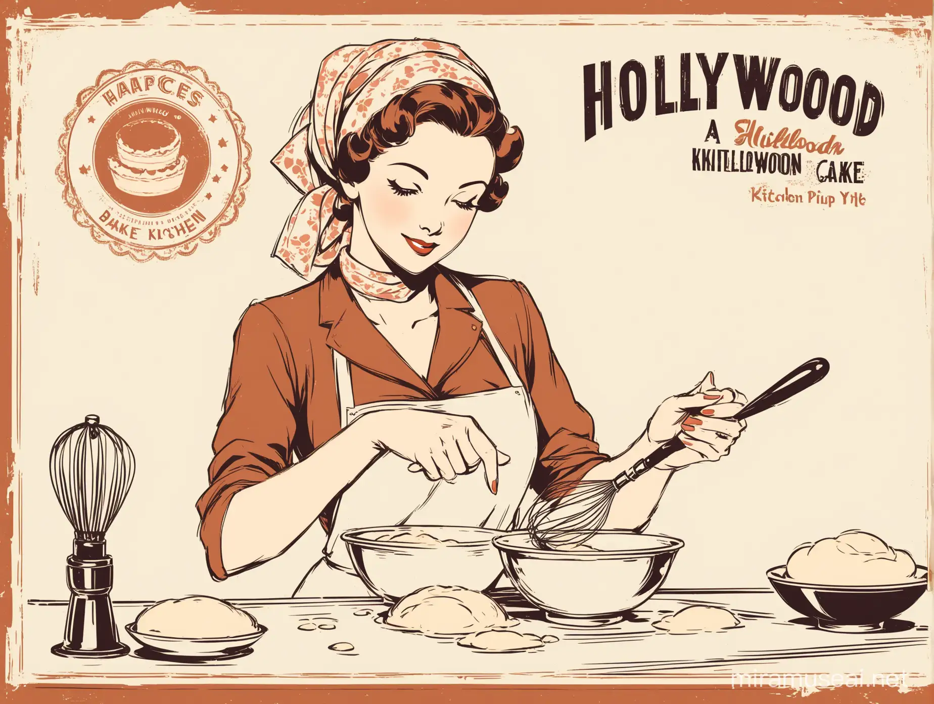 Vintage poster design, stencils, simple, minimalism, vector art,, Pinup style, Sketch drawing, flat, 2d, vintage style, Vintage lady is happily kneading cake dough in a small bowl of dough, Right hand holds kitchen whisk, a head scarf Hollywood style, close - up