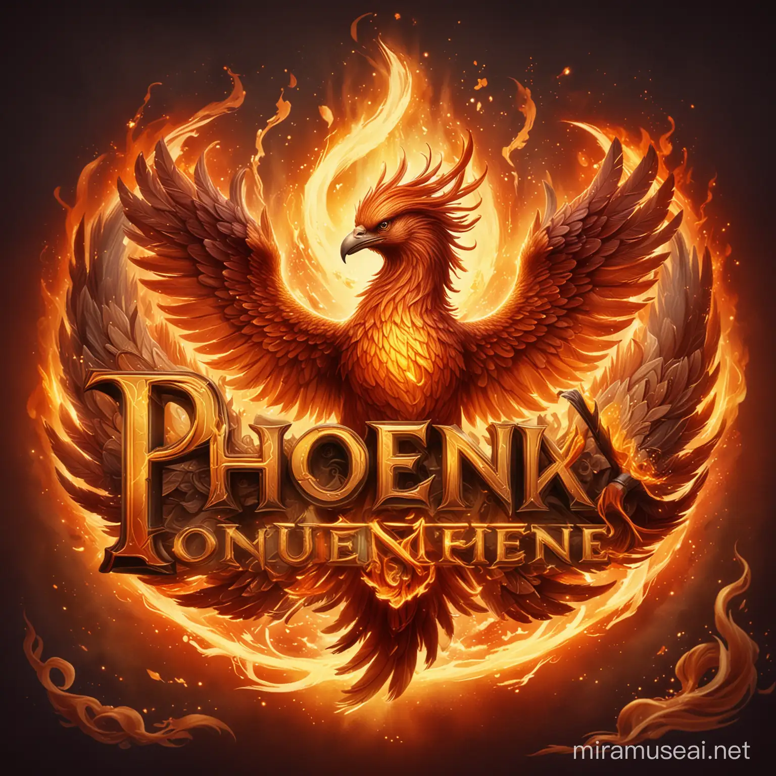 The word "Phoenix" is elegantly inscribed in fiery feathers, set in the enchanting style of Sunfire Summit art. Surrounded by swirling flames and backed by a blazing sun, this design exudes the essence of a game logo, ideal for a captivating mobile game background.