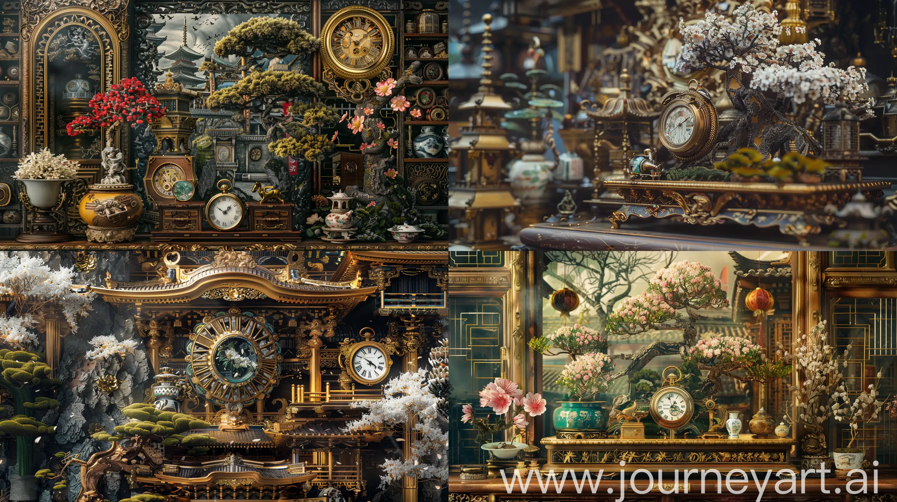 **elegantism, insane detail, painting masterpiece ,Extreme authentic decor , pocket watch, bonsai, flower, porcelain, perfect exact rendering, embellished and intricate architectural ornamentations, many  japan artifacts, gold, epic and great, greebles::2 --ar 16:9 --q 1