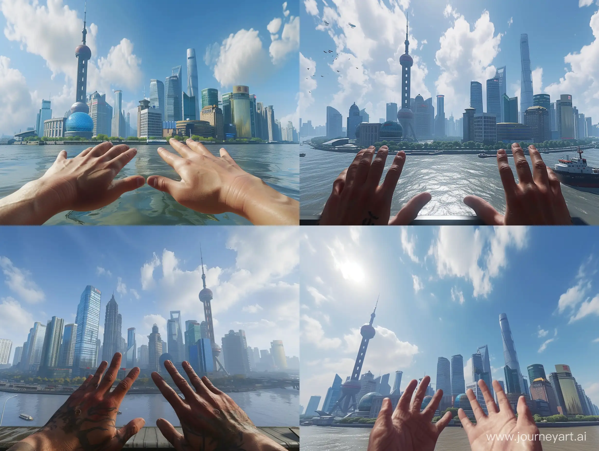 Take pictures of the open world environment in Shanghai city using natural lighting, from a first person perspective with hands visible at the bottom.
