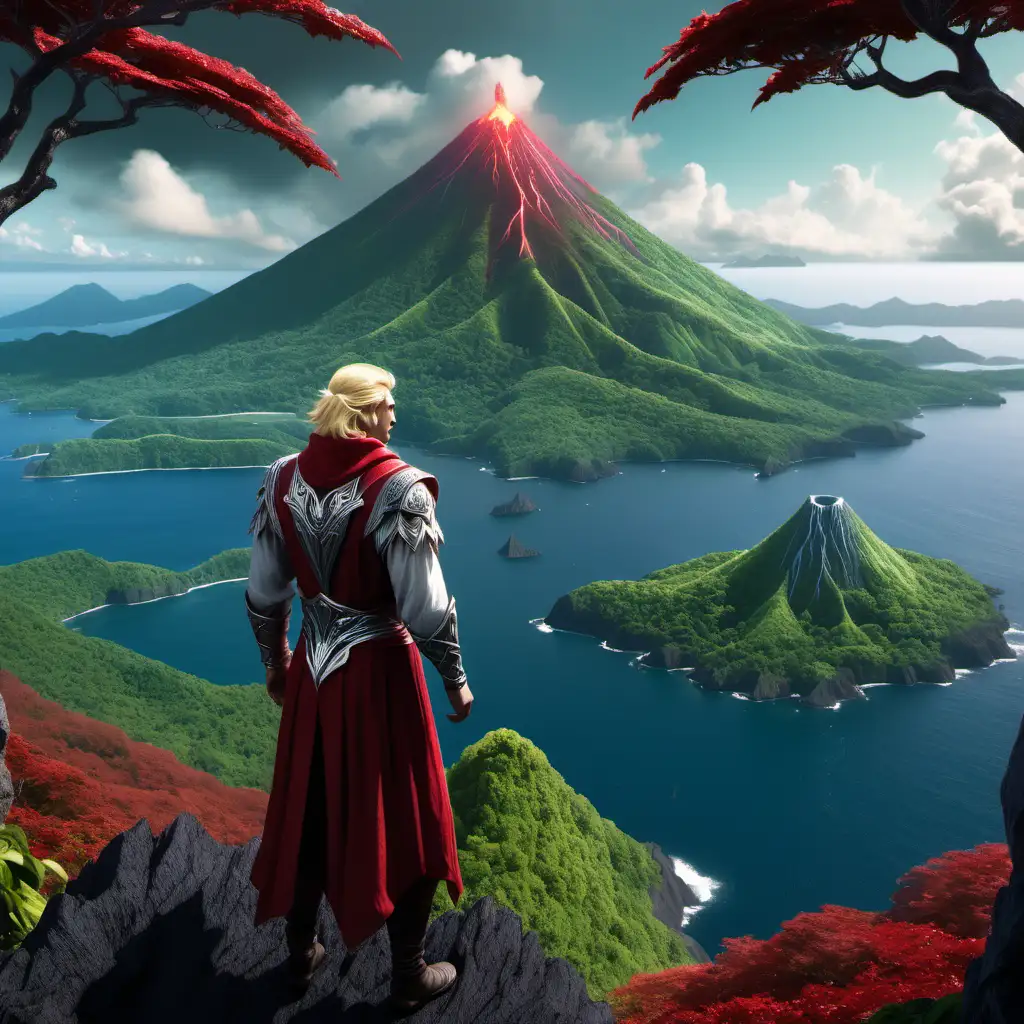 A blonde man in luminous silver, crimson, and forest green accented fantasy garb faces away atop a peak toward a vista of verdant islands with mountainous volcanos in the midst of a great sea.