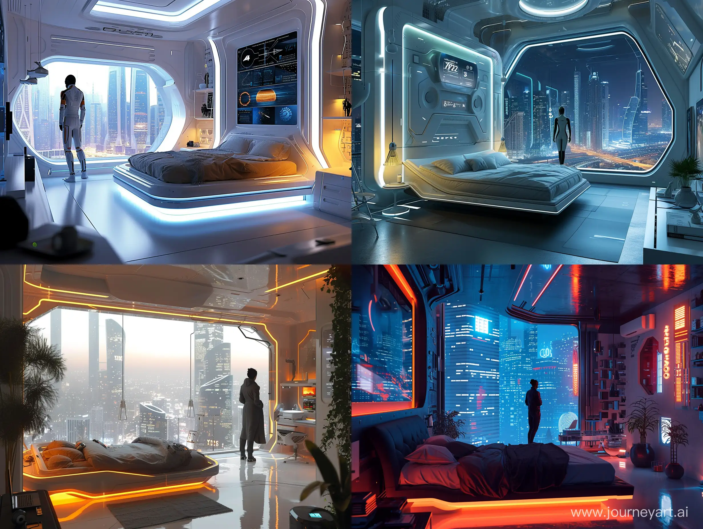 The bedroom features a modern design with a futuristic Y2K aesthetic and a variety of themes that showcase its unique architecture and atmosphere. It offers a peaceful setting with various lighting options, city, busy, a person standing up
