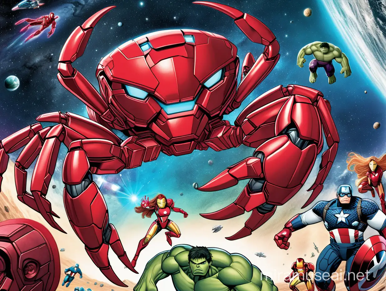 Illustration style, A large red-colored crab, accompanied by the Avengers-Hulk, Iron Man, Scarlet Witch-flies through outer space towards a group of invading spaceships