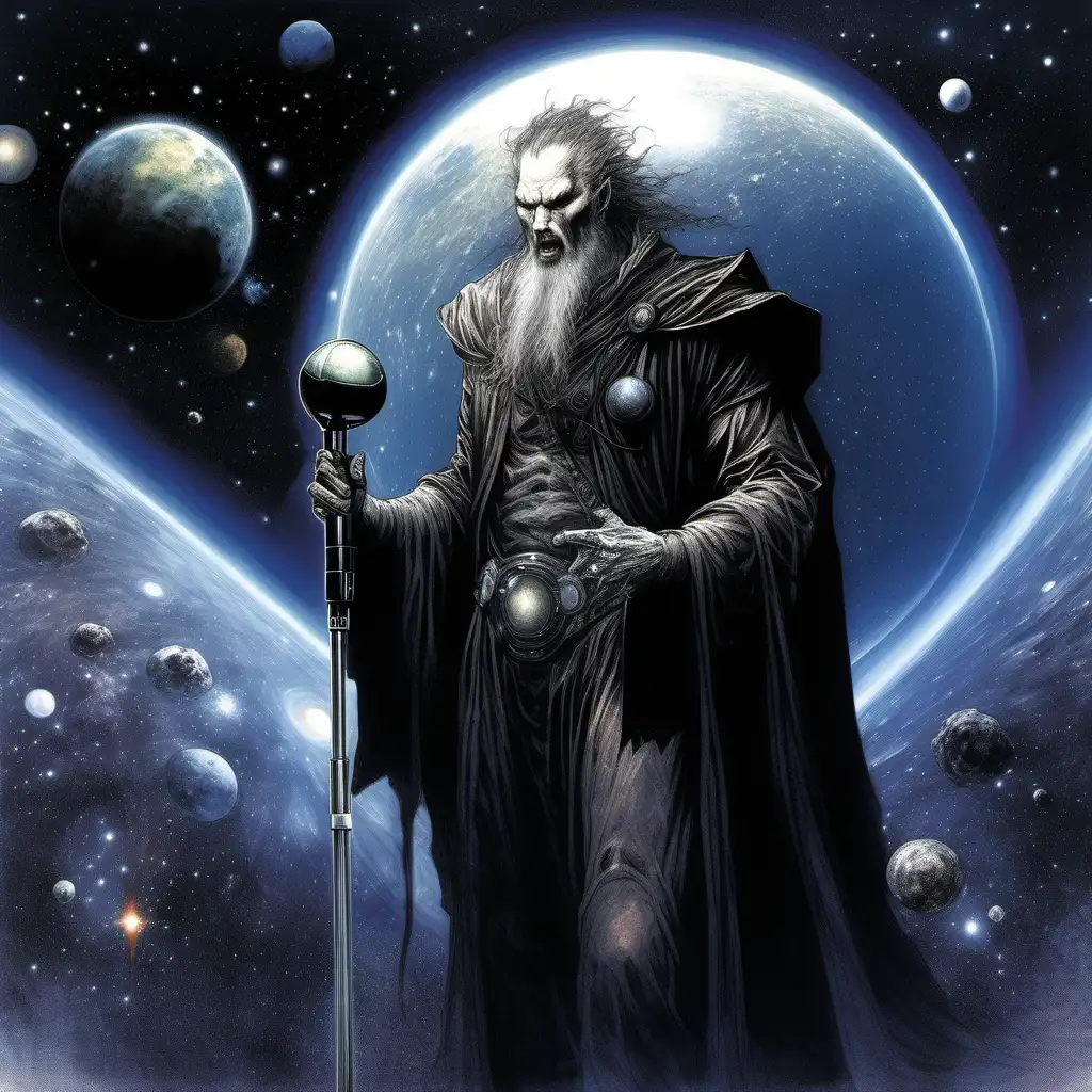 portrait, dark god in heroic fantasy world with a microphone in hand, space background with planet and m20 galaxy, illustration by Alan Lee and Jae Lee, FINE BRUSHTROKES, SUBDUED. mysty lighting, dynamic contrast, hyper detailed, exquisite detail, hdr, deep shadows, 16k