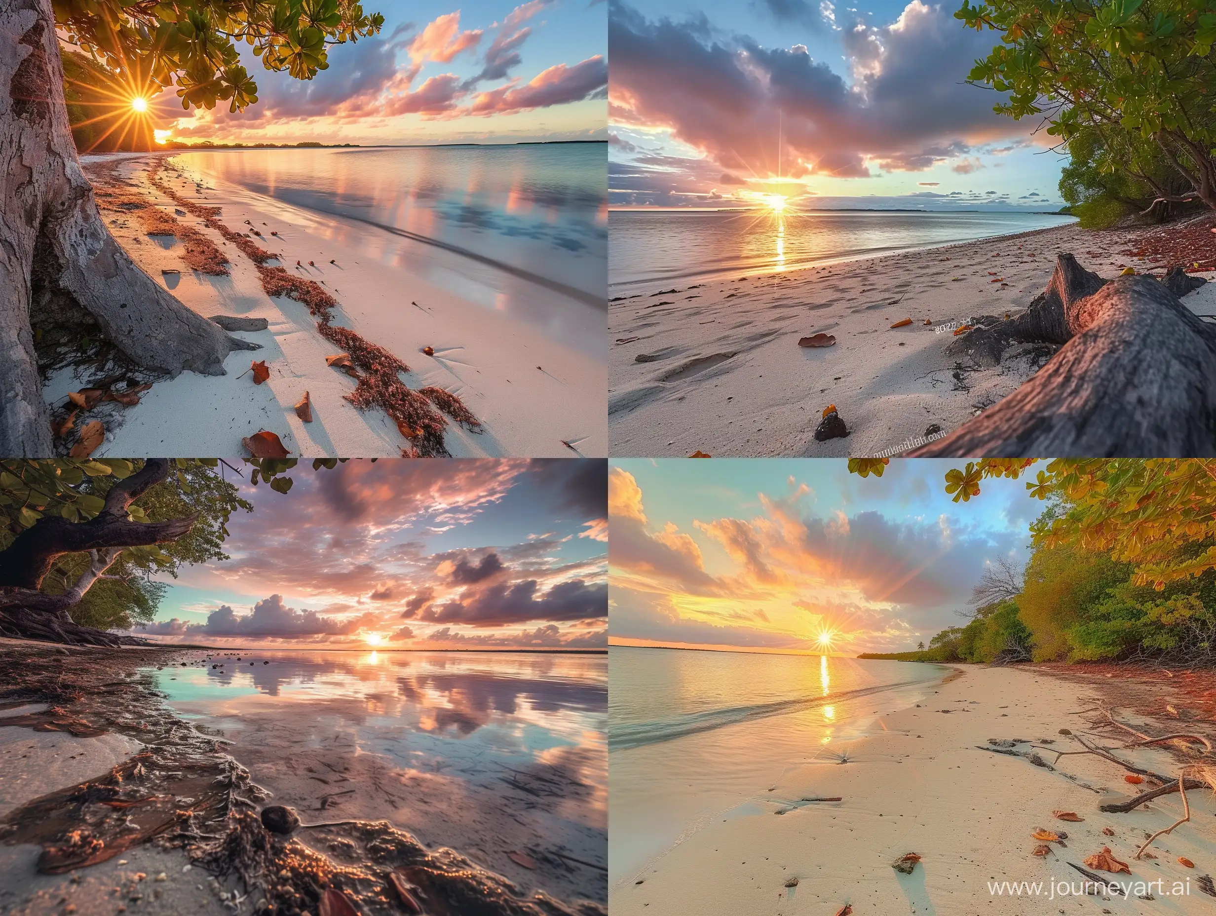 RAW photo, an award-winning National Geographic style HD photograph showing the tranquil charm of a pristine Madagascar beach. Captured during the warm hour of sunset, the sky unfolds a symphony of pinks and turquoises, casting a warm, romantic glow over the landscape. Taken with a Sony Alpha 1 with a 50mm f/1.8 lens, aperture f/11, shutter speed 1/200s, ISO 100, This stunning image is rendered with incredibly high resolution, realistic, 8k, HD, HDR, XDR, focus + sharpness + 8K wide angle resolution + Ken Burns HDR10 effect + Adobe Lightroom + rule of thirds + highly detailed leaves + highly detailed bark. Color gradation, water motion blur and starburst effects are incorporated for stunning visual impact.