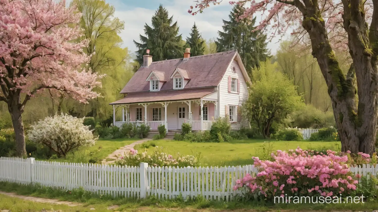 CloseUp Countryside Home with White Fence Amidst Spring Blossoms