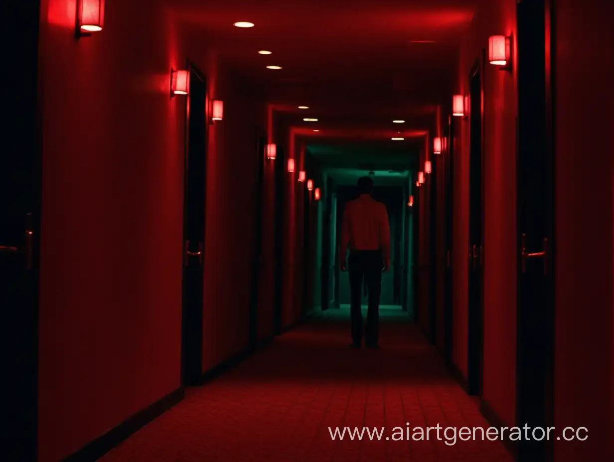 полутемный коридор с красным освещением, мужчина стоит в пол оборота , смотрит в сторону камеры, вокруг тела на полу